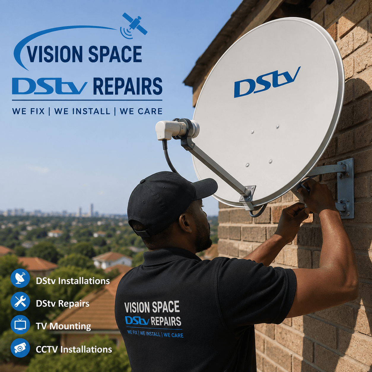 DStv technician installing and aligning a satellite dish on a rooftop in Pretoria